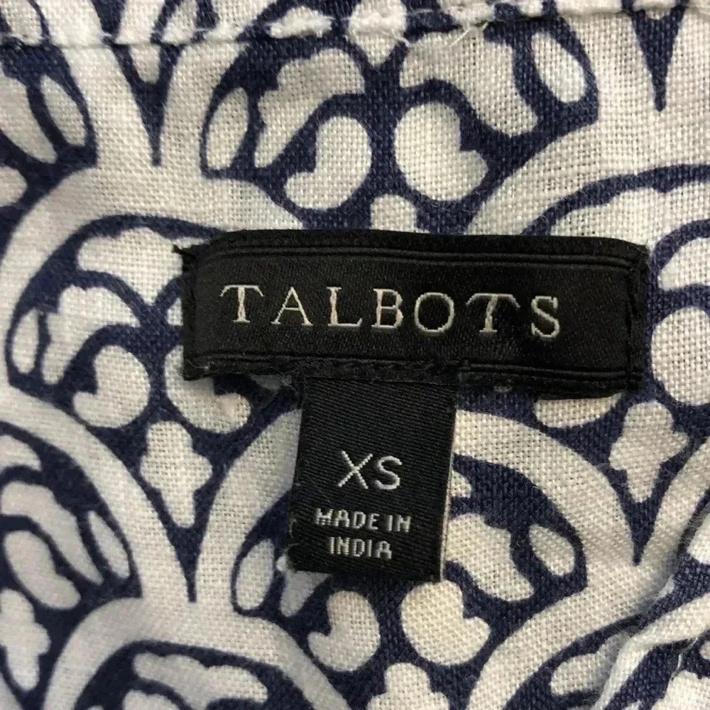Talbots 100% Linen White Navy Blue Scallop Print Popover - Picture 10 of 11